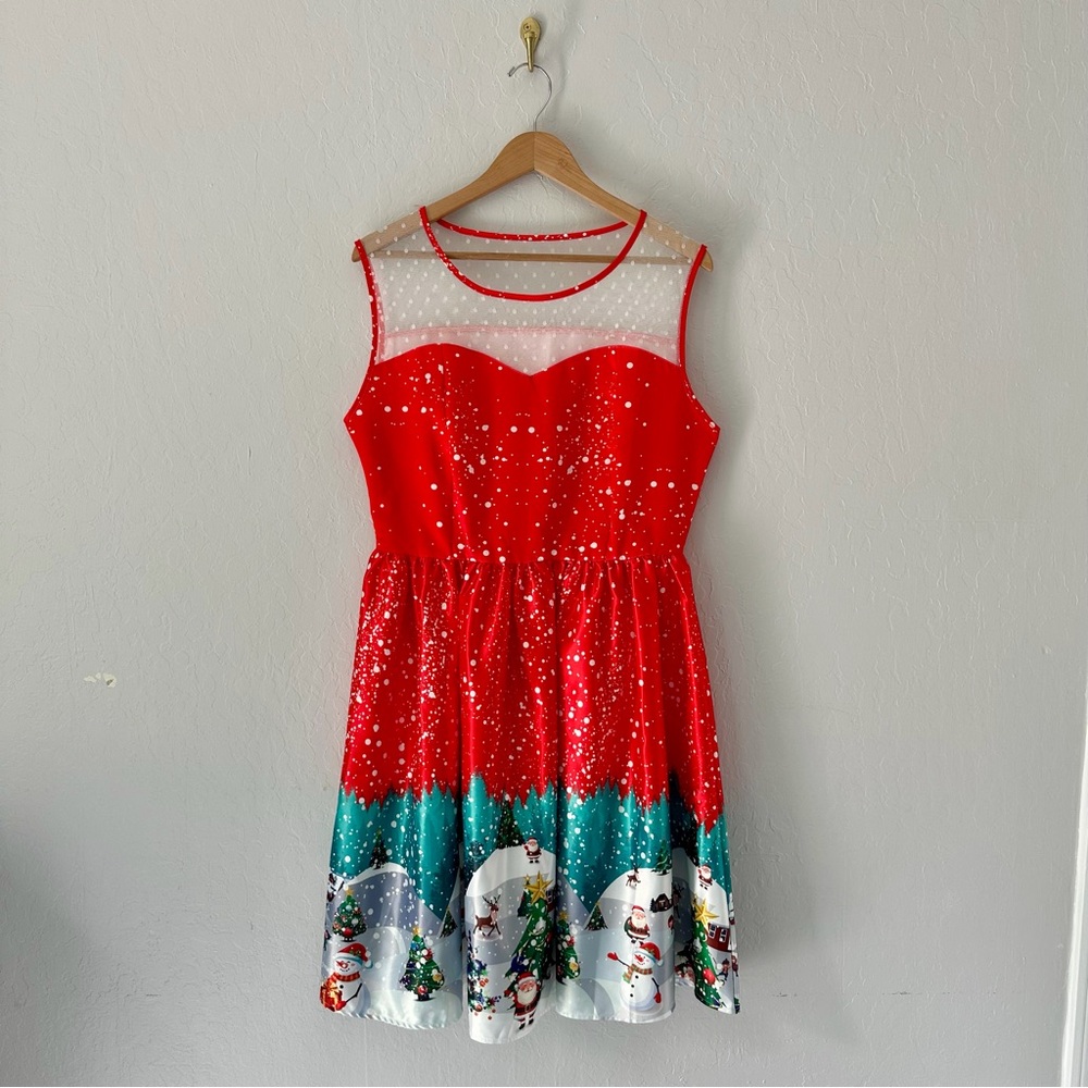 Festive Red Christmas Dress with Snowman Print